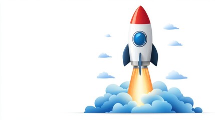 Colorful rocket blasting off into the sky with clouds and smoke on a bright background