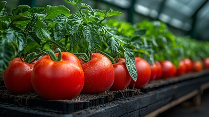 Ripe tomatoes growing in greenhouse