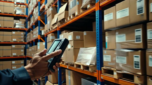 Employee scans packages with handheld device in a bustling warehouse filled with shelves of goods and boxes