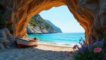 A picturesque beach framed by a rocky cave with a wooden boat resting on the sand and clear turquoise waters.