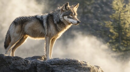 Fototapeta premium Majestic Wolf on Rocky Peak at Sunrise