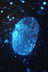 Digital fingerprint glowing in dark space with blue particles