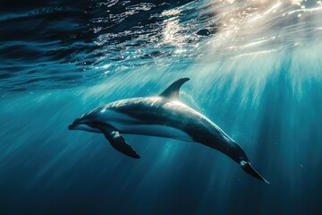 Naklejka premium Minke Whale Swimming near the Surface in the Blue Ocean