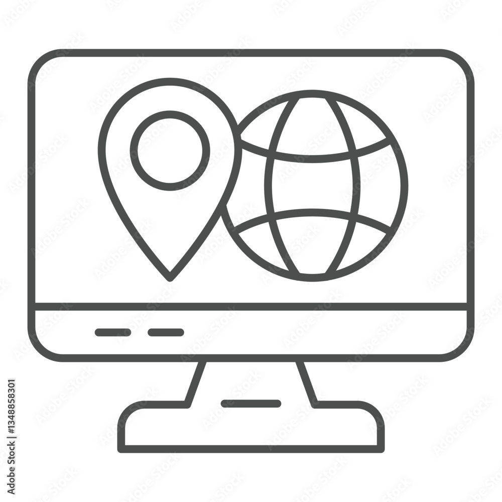 Poster monitor screen with globe and location pin thin line icon, world delivery concept. vector graphics. 