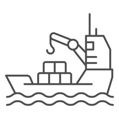 Fototapeta premium Cargo containers on vessel thin line icon, shipping concept. Vector graphics. Delivery ship with crane sign on white background, outline style icon for mobile or web design.