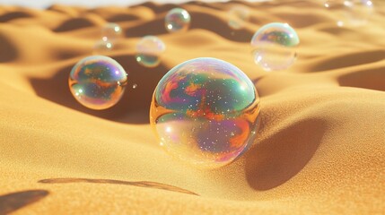 Iridescent bubbles float across desert sand dunes at sunset; surreal landscape