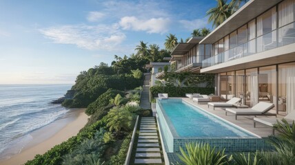 Luxurious beachfront villa with private swimming pool and sun loungers overlooking the ocean 3d rendering advertisement photo