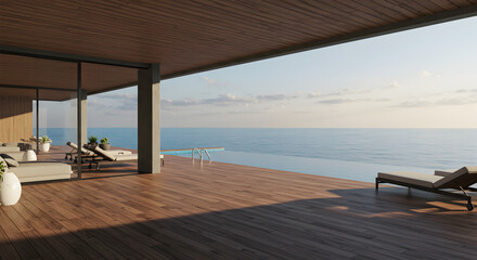 Fototapeta premium Contemporary Beachfront Villa with Infinity Pool and Wooden Floor Deck 