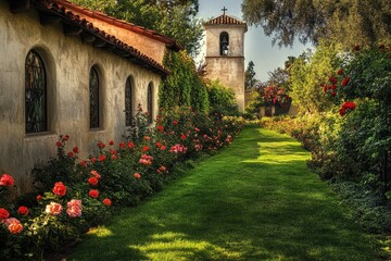 Naklejka premium Mission Santa Barbara - Tranquil Church and Rose Garden in California