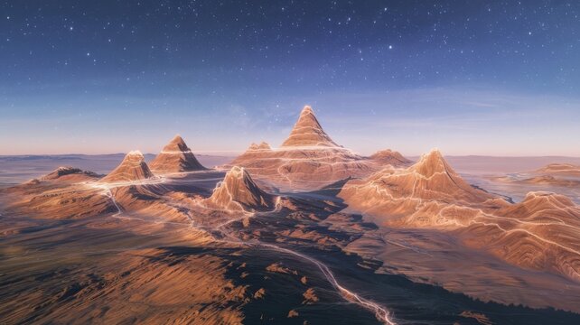 Futuristic glowing mountain landscape with starry night sky