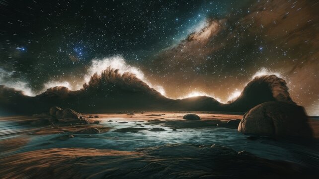 Cosmic waves crashing on a rocky alien planet landscape