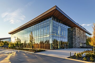 •	A cutting-edge convention center featuring an expansive glass facade, with a stone-clad base and wooden paneling around the entrance