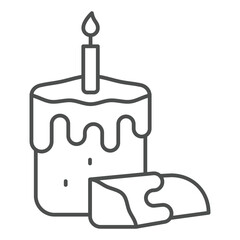 Candle with easter cake slice thin line icon, easter holiday concept. Vector graphics. Easter pastry bread and candlestick sign on white background, outline style icon for mobile or web design.