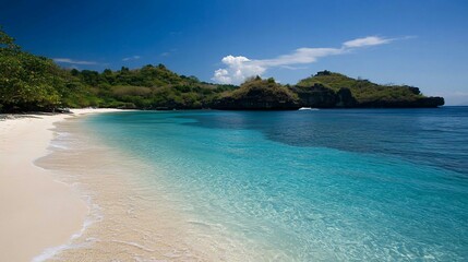 Fototapeta premium Secluded tropical beach, clear turquoise water, lush green hills, sunny day, travel brochure