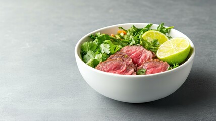 Fresh beef salad with lime and greens in a white bowl on gray background, capturing the essence of healthy eating.