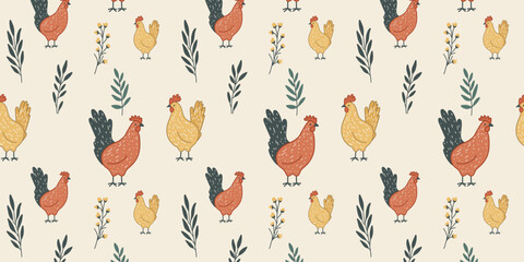 Adorable seamless vector background with organic hens