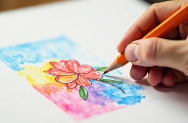 hand drawing vibrant red flower with orange pencil on colorful watercolor background. art, creativity, inspiration. education, art class, workshop, poster, illustration.