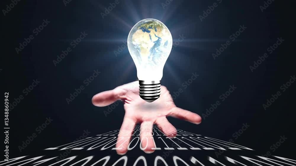 Poster holding light bulb with earth animation over binary code background