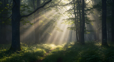 Fototapeta premium Serene and Magical Carpathian Forest Bathed in the First Light of Day 
