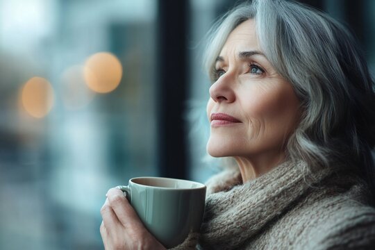 side shot of doubthful woman looking up, 50 years old, holding a mug, blurred backround