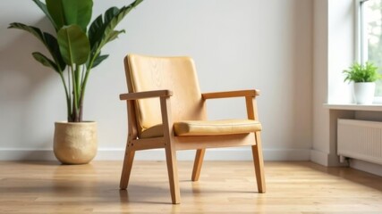 a wooden chair stands in the room