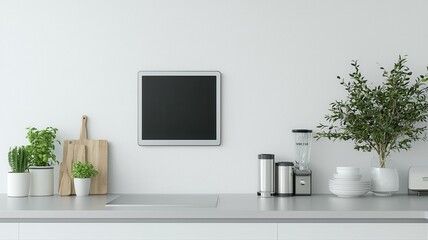 Modern kitchen interior with plants, appliances, and minimalist decor, creating a fresh, clean atmosphere.
