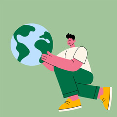 Man holding planet Earth &ndash; Save the Planet, environmental protection, sustainability, eco-friendly lifestyle, climate change awareness, green energy. Earth Day illustration