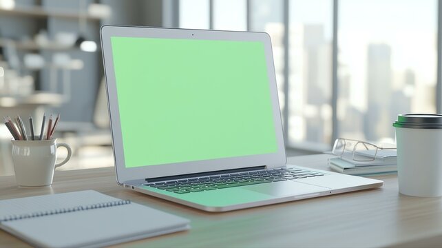 Modern laptop with green screen on office desk, city view, promoting workspace productivity.