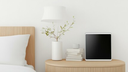 Modern minimalist bedroom corner with lamp, tablet, books, and plant on a wooden nightstand against a white wall.