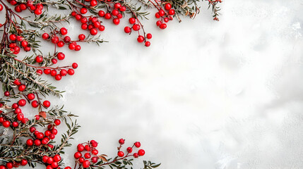 Red Berries and Green Leaves Frame on Light Background for Decor