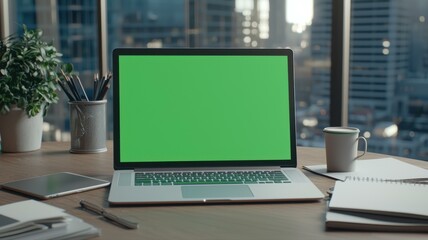Modern workspace with laptop, green screen, notebook, and cup in city office with skyline view.