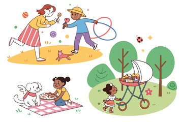 70 Colorful cartoon characters, diverse activities, playful scenes, children and adults, pets and animals, outdoor and indoor settings, family interactions, sports and games, picnic, ice skating, jump