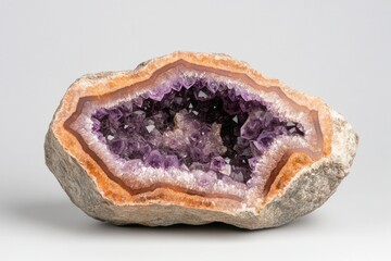 Amethyst Geode with Purple Crystals on Gray Background