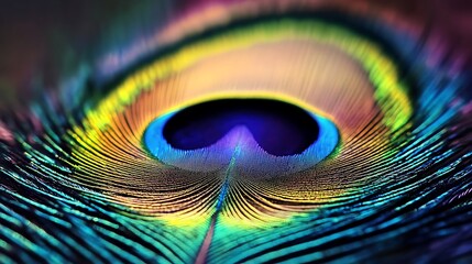 Obraz premium An intricate peacock feather with shimmering blue, green, and gold hues in a close-up view. 