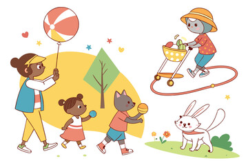 70 Colorful cartoon characters, diverse activities, playful scenes, children and adults, pets and animals, outdoor and indoor settings, family interactions, sports and games, picnic, ice skating, jump