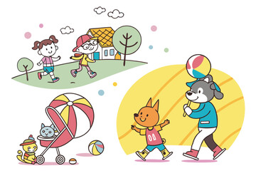 70 Colorful cartoon characters, diverse activities, playful scenes, children and adults, pets and animals, outdoor and indoor settings, family interactions, sports and games, picnic, ice skating, jump