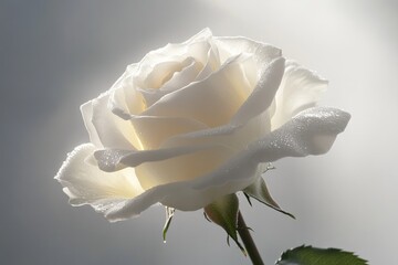 A single, dew-kissed white rose, elegantly blooms against a soft, gray backdrop.