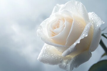 Fototapeta premium A dewy white rose, delicate petals glistening, symbol of purity and grace.