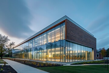 Obraz premium • A minimalist conference hall with a sleek glass exterior, highlighted by decorative brickwork and wooden paneling at strategic points