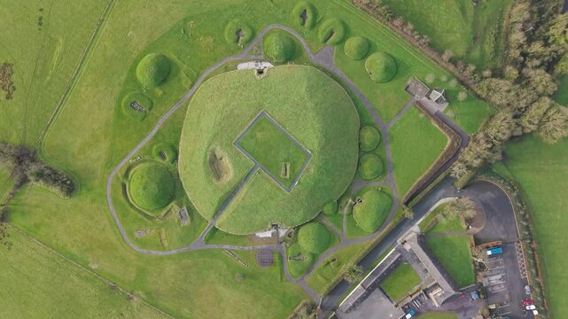 Knowth, a prehistoric monument with grass-covered mounds in ireland, aerial view
