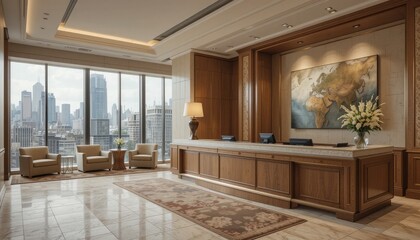 Fototapeta premium Reception desk and city view in an elegant hotel lobby