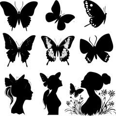 Naklejka premium Vector Illustration of a Butterfly and Female Silhouette in Black and White