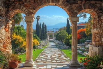 Fototapeta premium Ancient Greek Ruins with Stone Pathway Framed by Arches