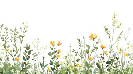 Fototapeta premium Watercolor depiction of assorted wildflowers and green foliage on white