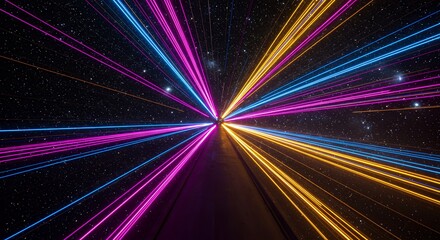 Obraz premium Futuristic speed through stars with neon light streaks background
