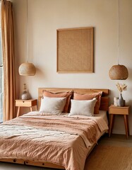 A Japandi-inspired space with floating wooden nightstands, a dusty peach headboard, and soft