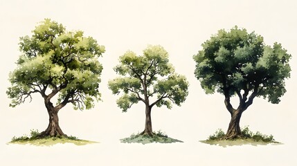 Fototapeta premium Three Watercolor Paintings Depicting Different Types of Trees