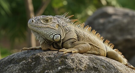 Majestic Green Iguana Lizard Resting on Rock Reptile Wildlife Close up