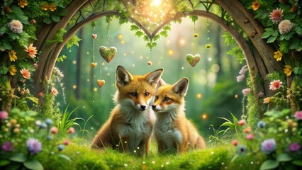 Obraz premium Two Adorable Fox Kits Embrace in a Heart-Shaped Enchanted Forest Setting with Hanging Moss Hearts and Glowing Lights