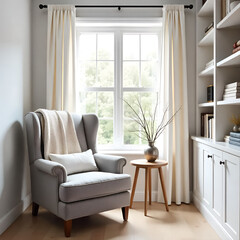 A single chair in a room surrounded by bookshelves and bright windows, inviting for reading or relaxation